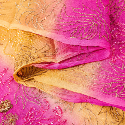 Sanskriti Vintage Pink-Yellow Pure Chiffon Dupatta Hand Embroidery Zardozi Stole