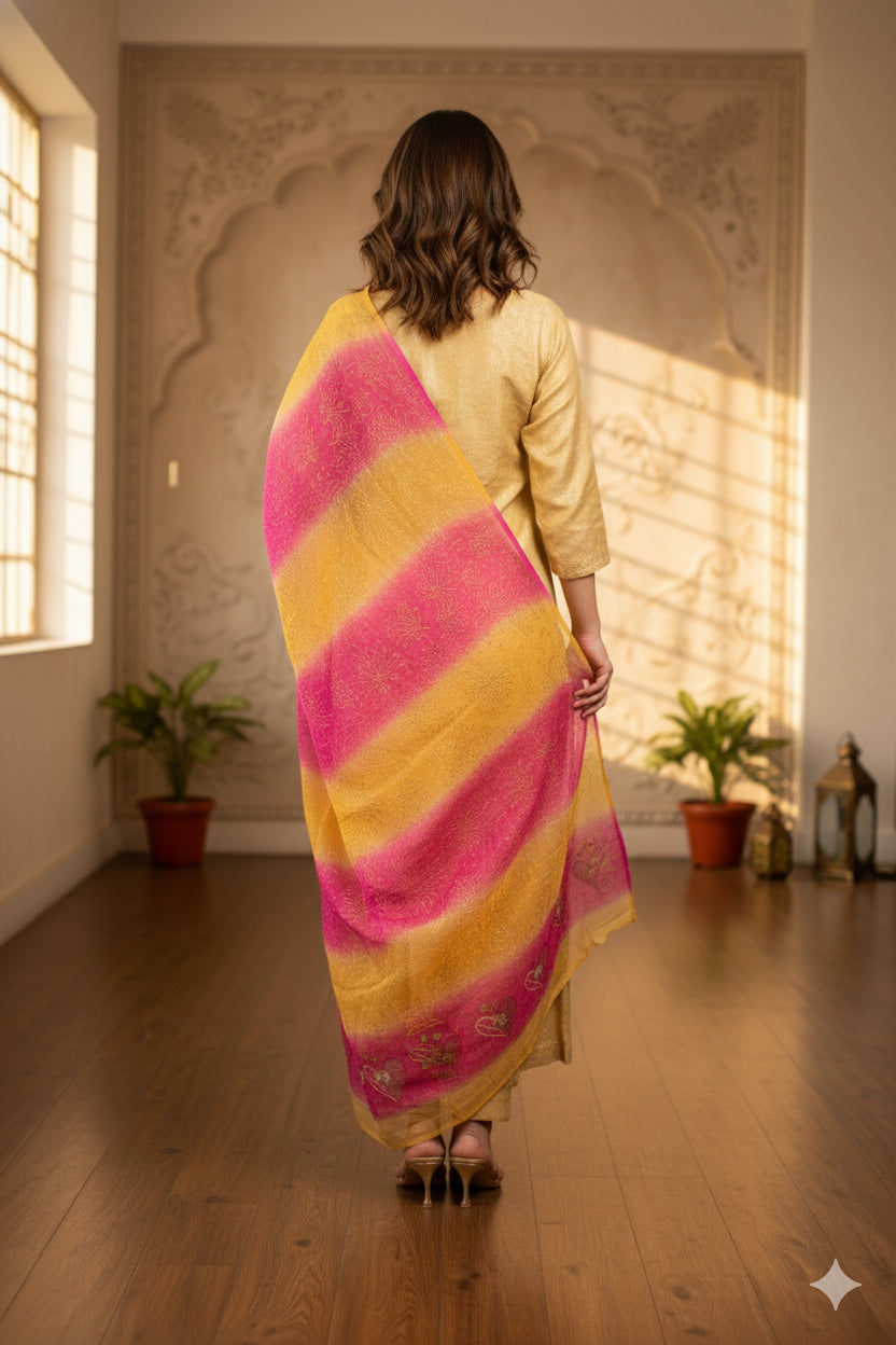 Sanskriti Vintage Pink-Yellow Pure Chiffon Dupatta Hand Embroidery Zardozi Stole