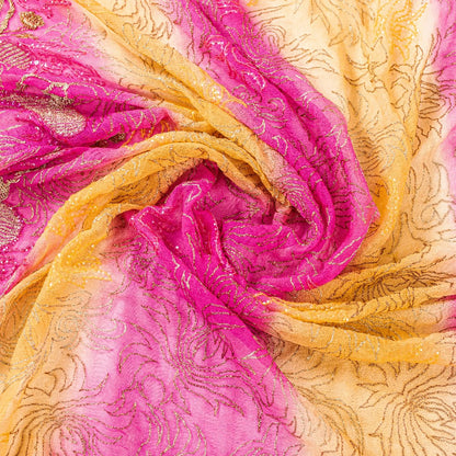 Sanskriti Vintage Pink-Yellow Pure Chiffon Dupatta Hand Embroidery Zardozi Stole