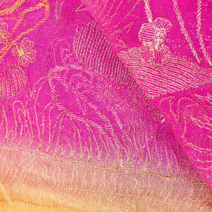 Sanskriti Vintage Pink-Yellow Pure Chiffon Dupatta Hand Embroidery Zardozi Stole