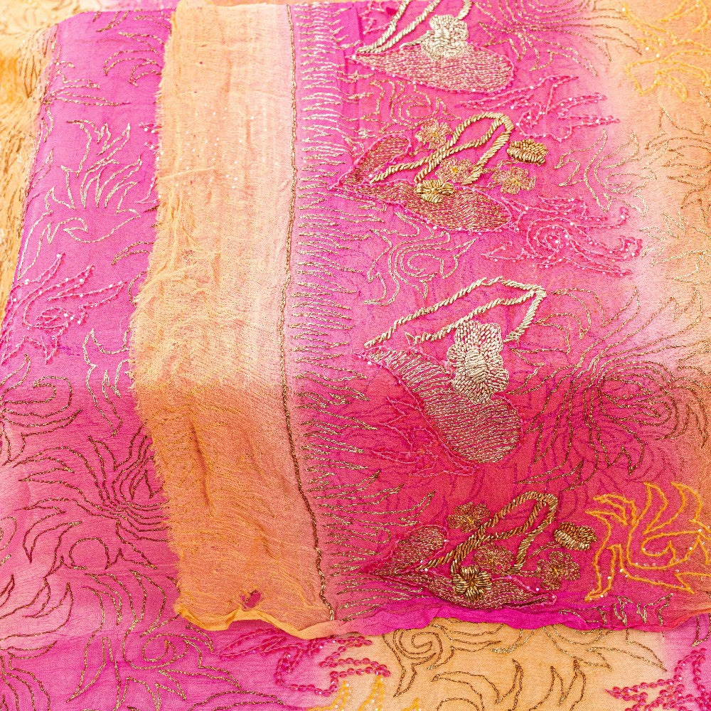 Sanskriti Vintage Pink-Yellow Pure Chiffon Dupatta Hand Embroidery Zardozi Stole