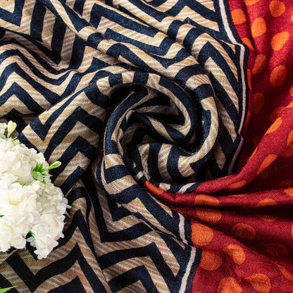 Sanskriti Vintage Red Pure Woolen Dupatta Zig Zag Circle Printed Neck Stole Veil