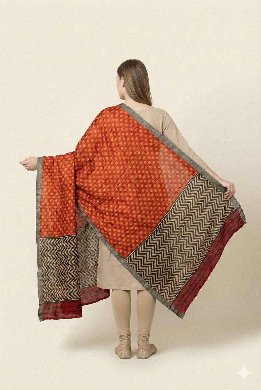 Sanskriti Vintage Red Pure Woolen Dupatta Zig Zag Circle Printed Neck Stole Veil