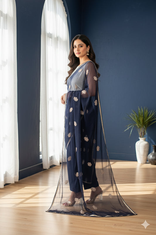 Sanskriti Vintage Blue Pure Chiffon Dupatta Embroidered Sequins Neck Stole Veil