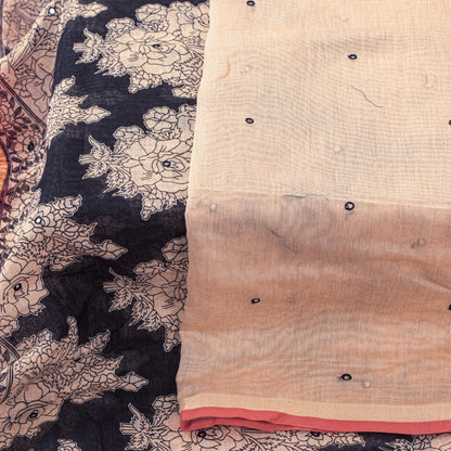 Sanskriti Vintage Cream-Blue Blend Cotton Dupatta Kalamakari Mirror Neck Stole