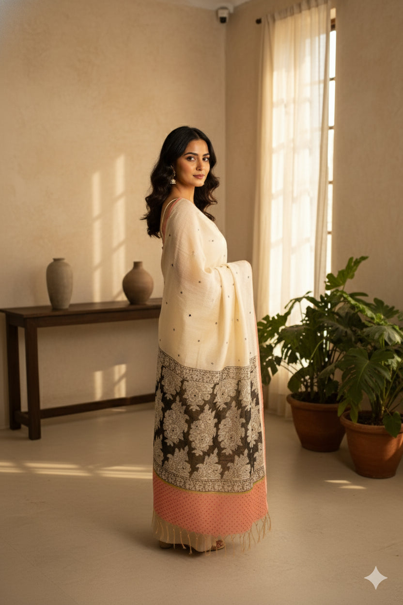 Sanskriti Vintage Cream-Blue Blend Cotton Dupatta Kalamakari Mirror Neck Stole