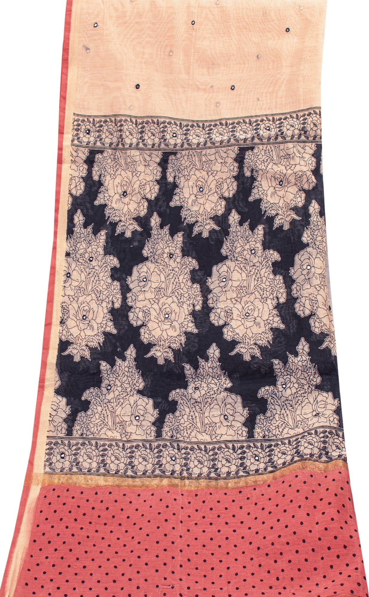 Sanskriti Vintage Cream-Blue Blend Cotton Dupatta Kalamakari Mirror Neck Stole