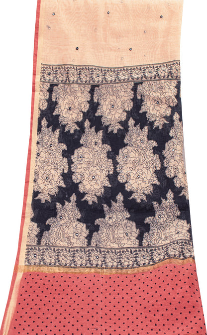 Sanskriti Vintage Cream-Blue Blend Cotton Dupatta Kalamakari Mirror Neck Stole