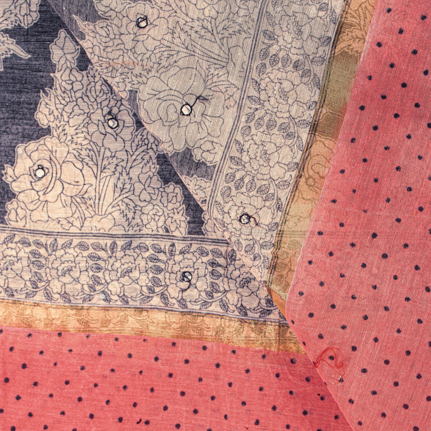 Sanskriti Vintage Cream-Blue Blend Cotton Dupatta Kalamakari Mirror Neck Stole