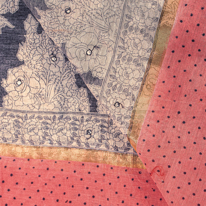 Sanskriti Vintage Cream-Blue Blend Cotton Dupatta Kalamakari Mirror Neck Stole