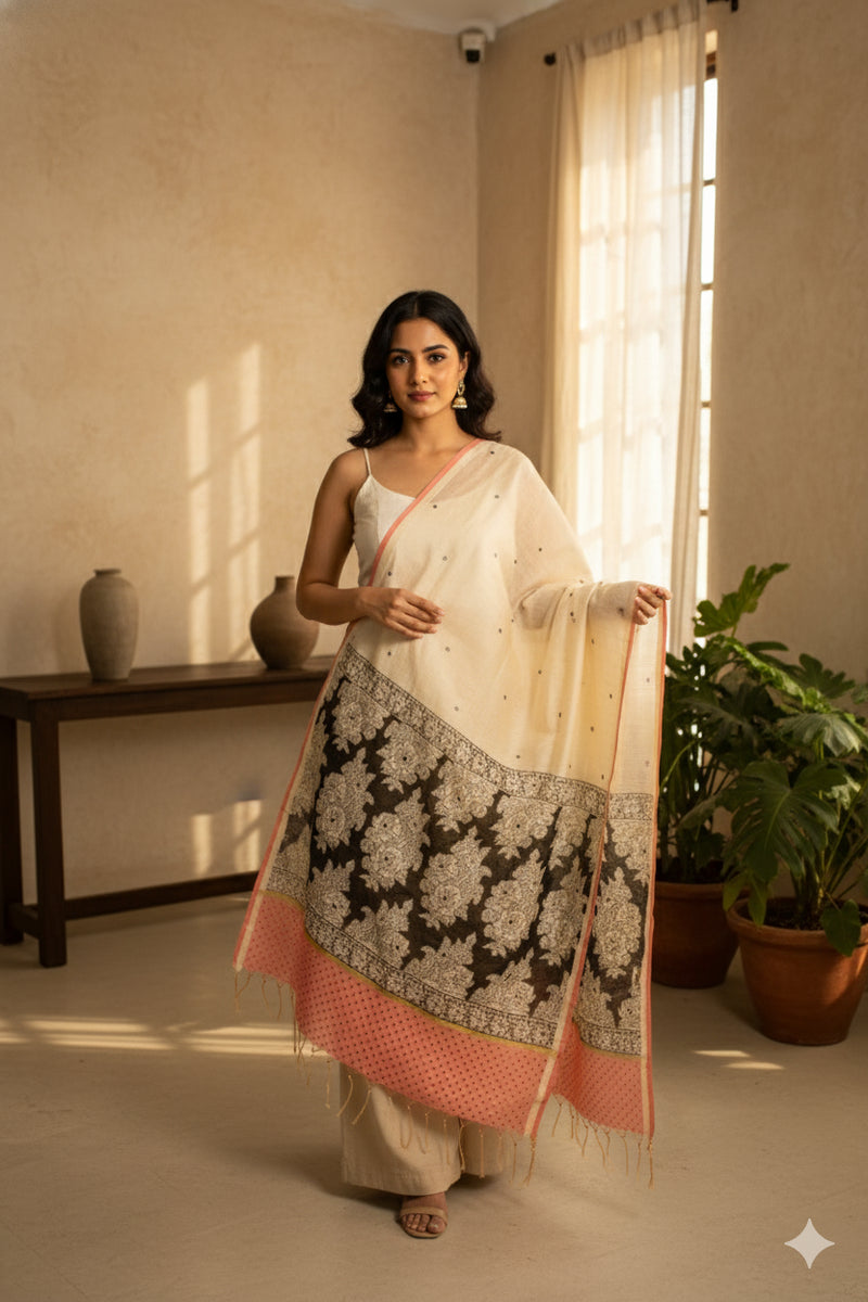 Sanskriti Vintage Cream-Blue Blend Cotton Dupatta Kalamakari Mirror Neck Stole
