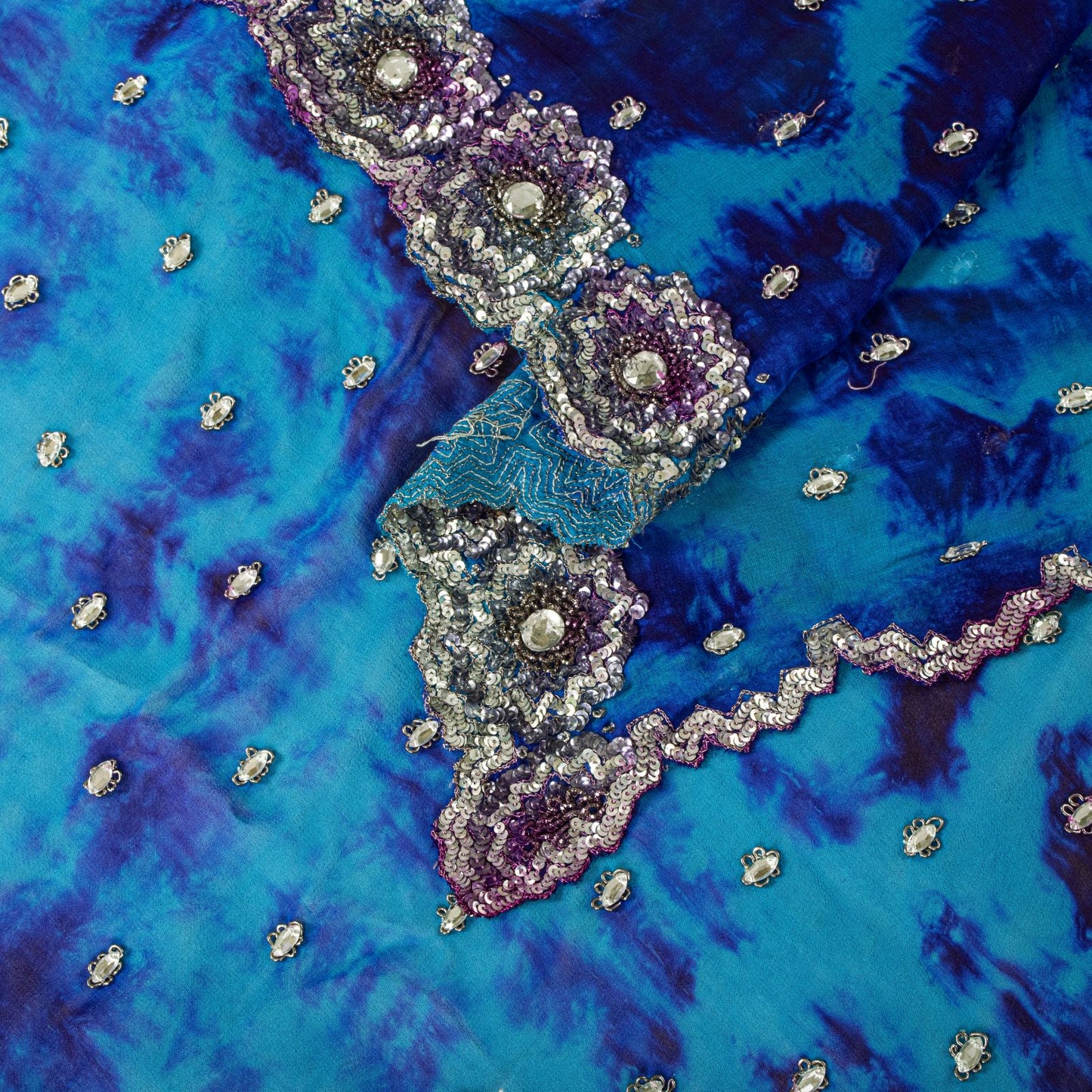 Sanskriti Vintage Dupatta/Stole Blue Pure Georgette Tie-Dye Hand Embroidery Veil