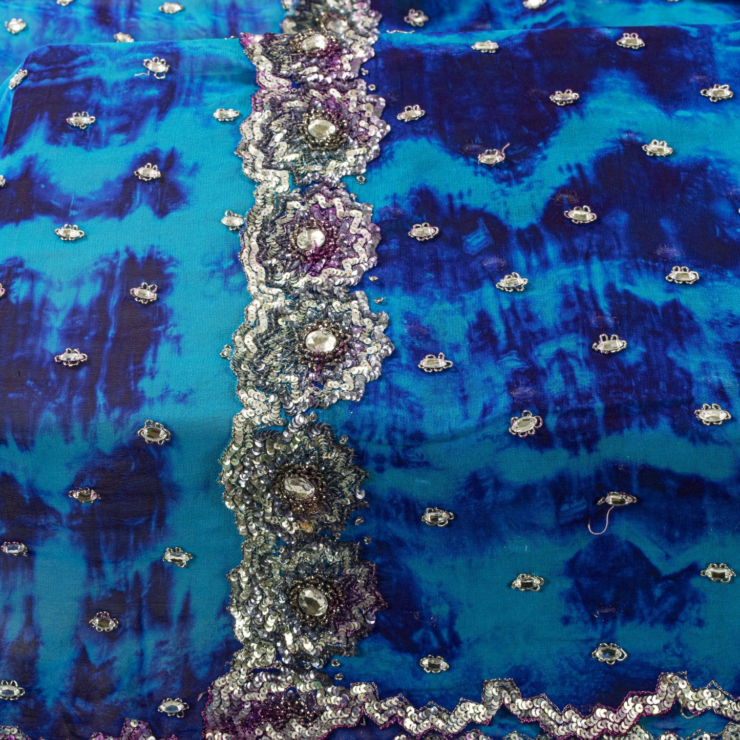 Sanskriti Vintage Dupatta/Stole Blue Pure Georgette Tie-Dye Hand Embroidery Veil