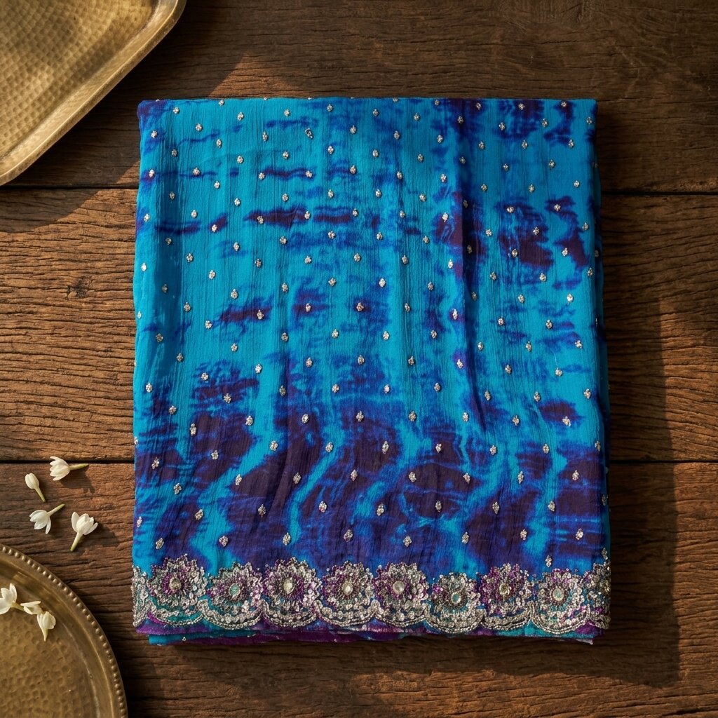 Sanskriti Vintage Dupatta/Stole Blue Pure Georgette Tie-Dye Hand Embroidery Veil