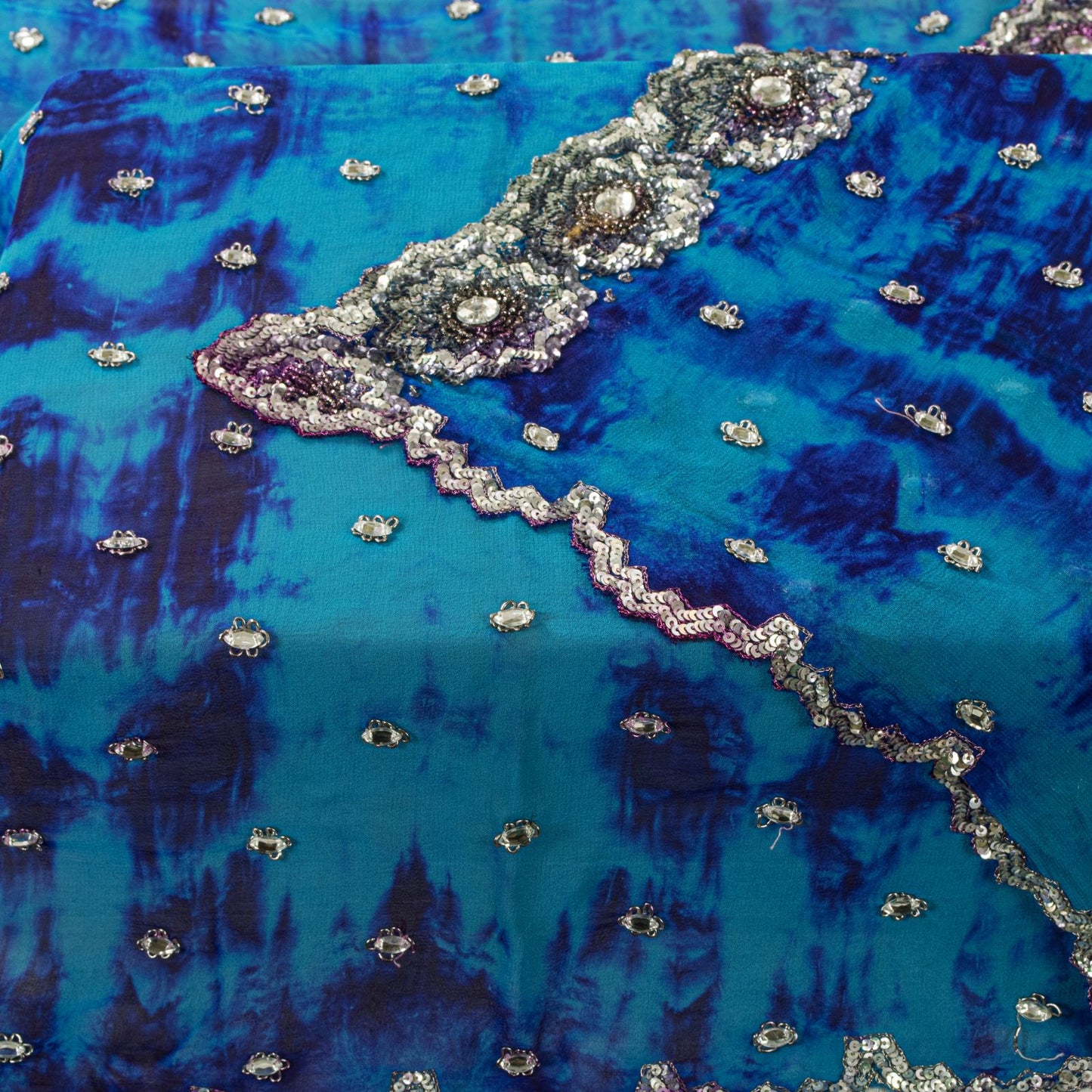 Sanskriti Vintage Dupatta/Stole Blue Pure Georgette Tie-Dye Hand Embroidery Veil