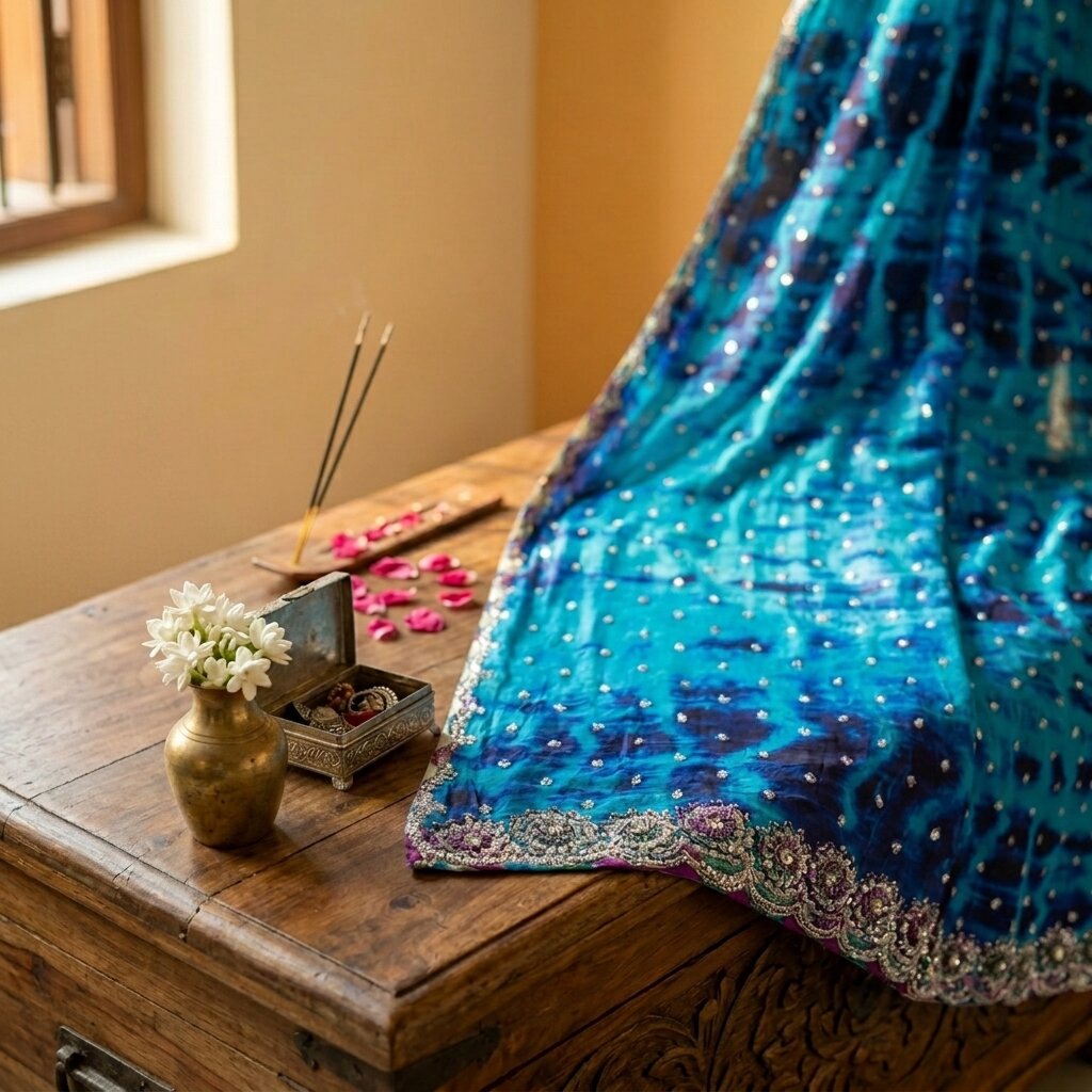 Sanskriti Vintage Dupatta/Stole Blue Pure Georgette Tie-Dye Hand Embroidery Veil