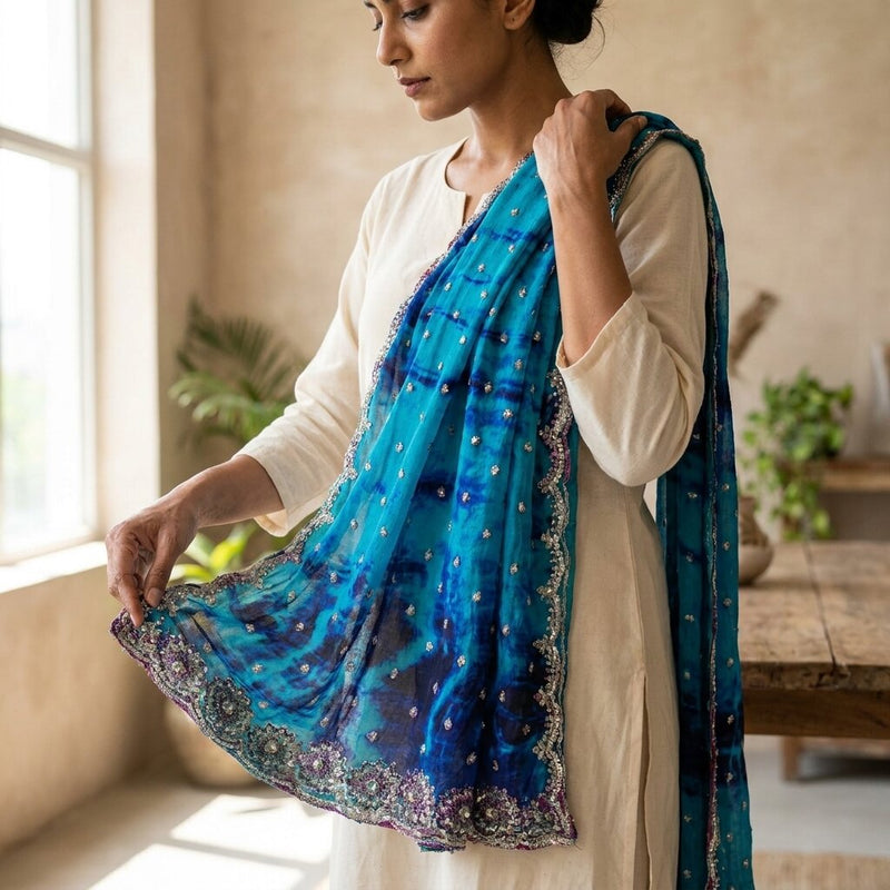 Sanskriti Vintage Dupatta/Stole Blue Pure Georgette Tie-Dye Hand Embroidery Veil