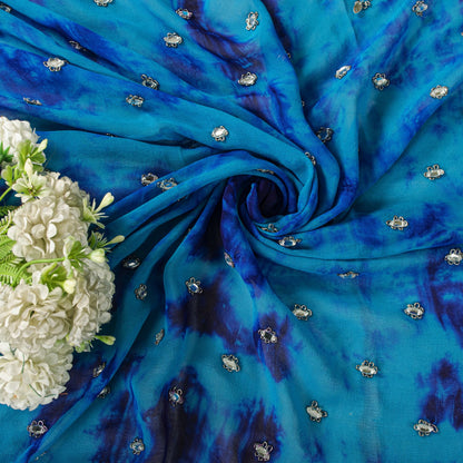 Sanskriti Vintage Dupatta/Stole Blue Pure Georgette Tie-Dye Hand Embroidery Veil