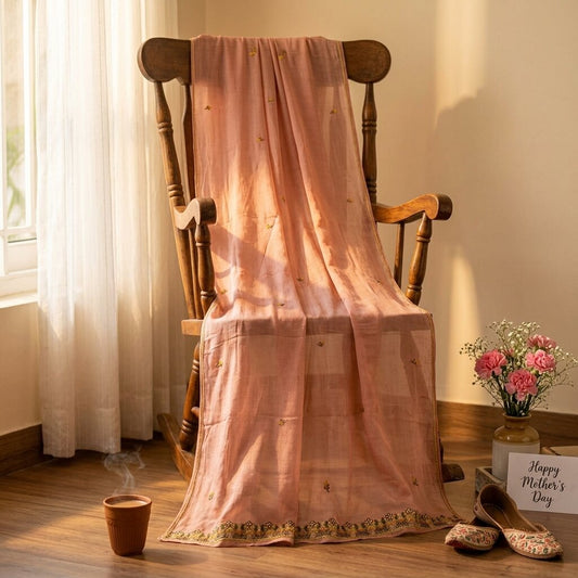 Sanskriti Vintage Peach Pure Chiffon Silk Embroidered Dupatta/Stole Wedding Veil