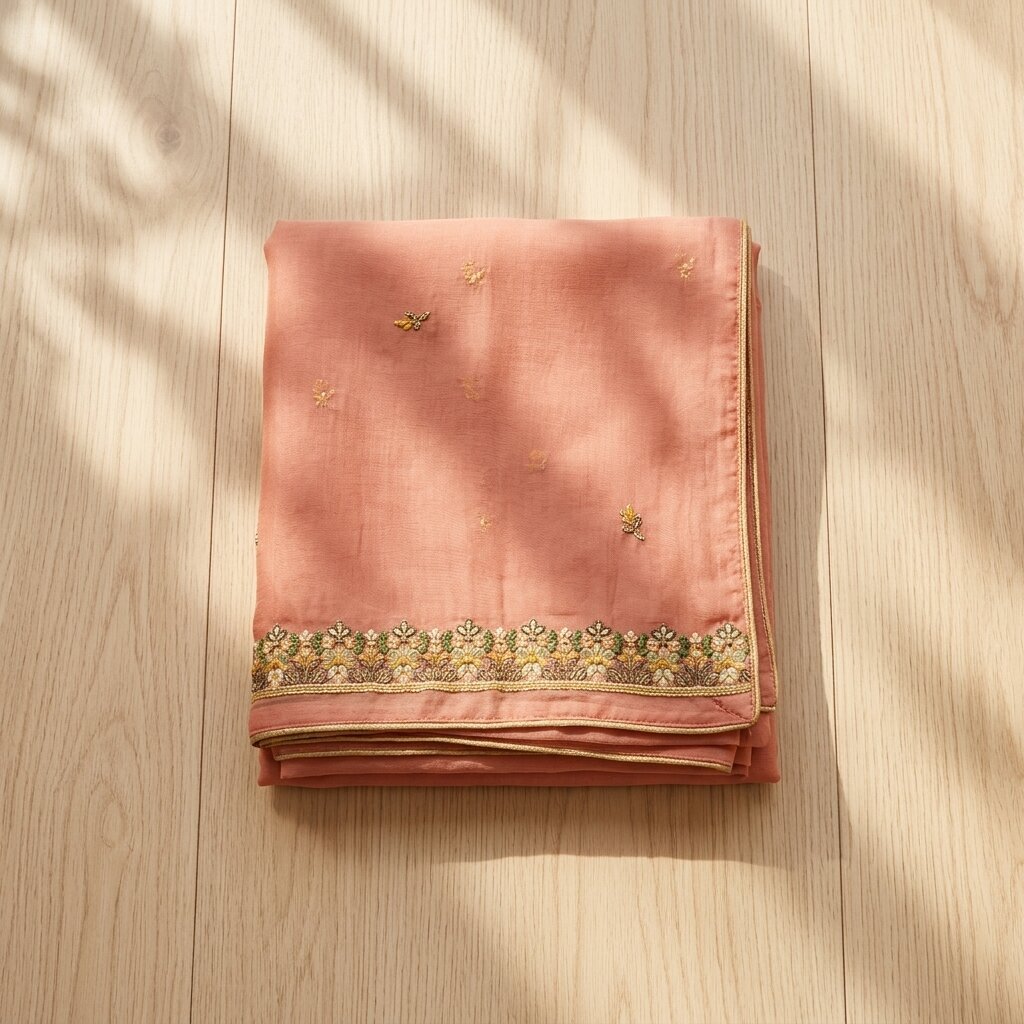 Sanskriti Vintage Peach Pure Chiffon Silk Embroidered Dupatta/Stole Wedding Veil