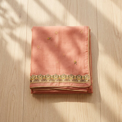 Sanskriti Vintage Peach Pure Chiffon Silk Embroidered Dupatta/Stole Wedding Veil