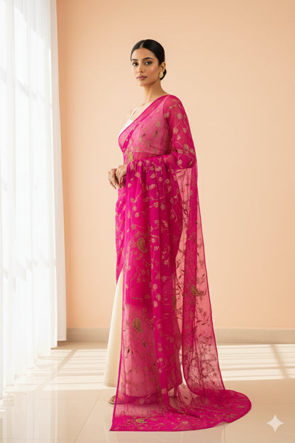 Sanskriti Vintage Pink Pure Chiffon Dupatta Hand Beaded Zari Zardozi Neck Stole