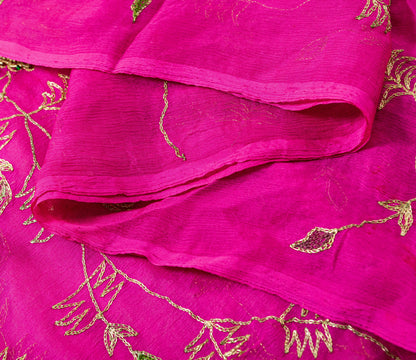 Sanskriti Vintage Pink Pure Chiffon Dupatta Hand Beaded Zari Zardozi Neck Stole