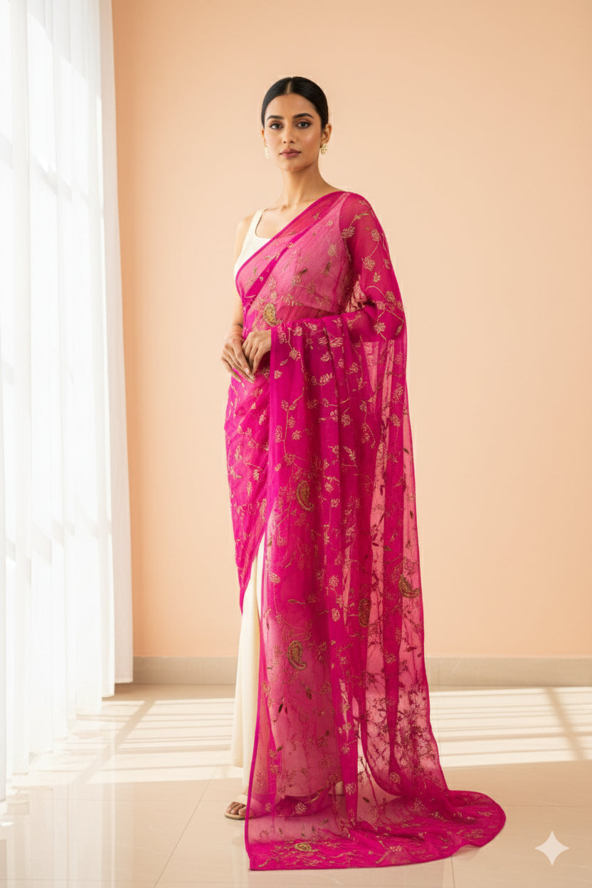 Sanskriti Vintage Pink Pure Chiffon Dupatta Hand Beaded Zari Zardozi Neck Stole