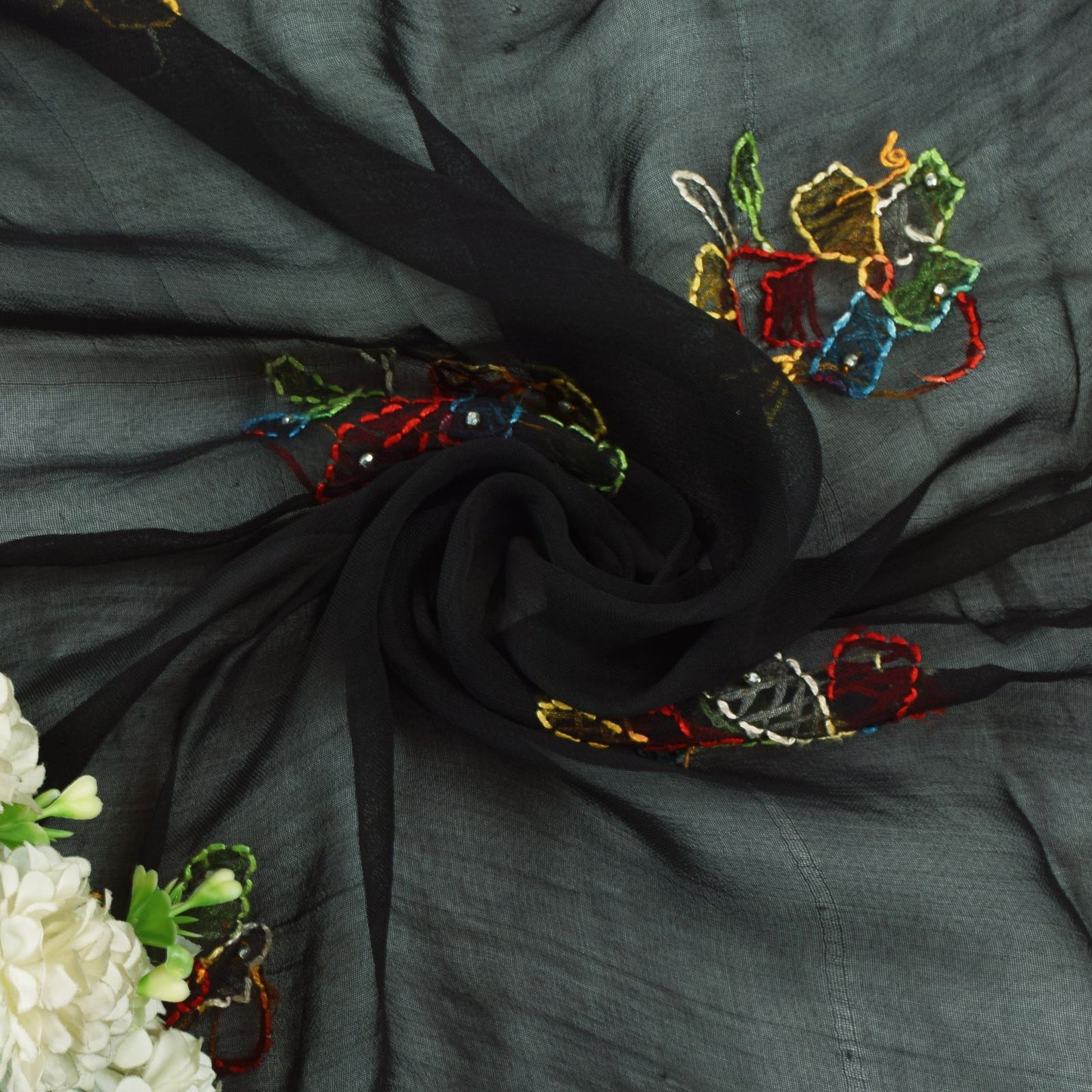 Sanskriti Vintage Black Pure Georgette Silk Dupatta Hand Embroidery Kantha Stole