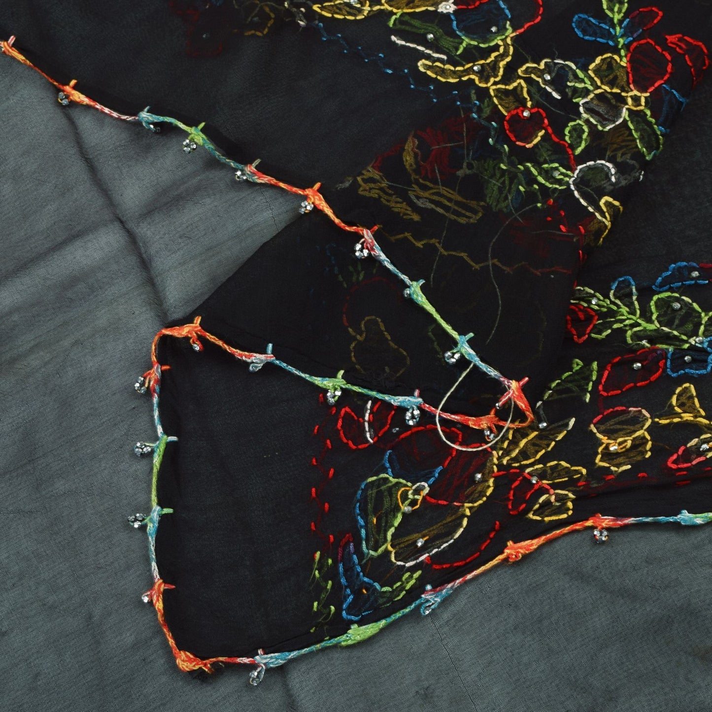 Sanskriti Vintage Black Pure Georgette Silk Dupatta Hand Embroidery Kantha Stole