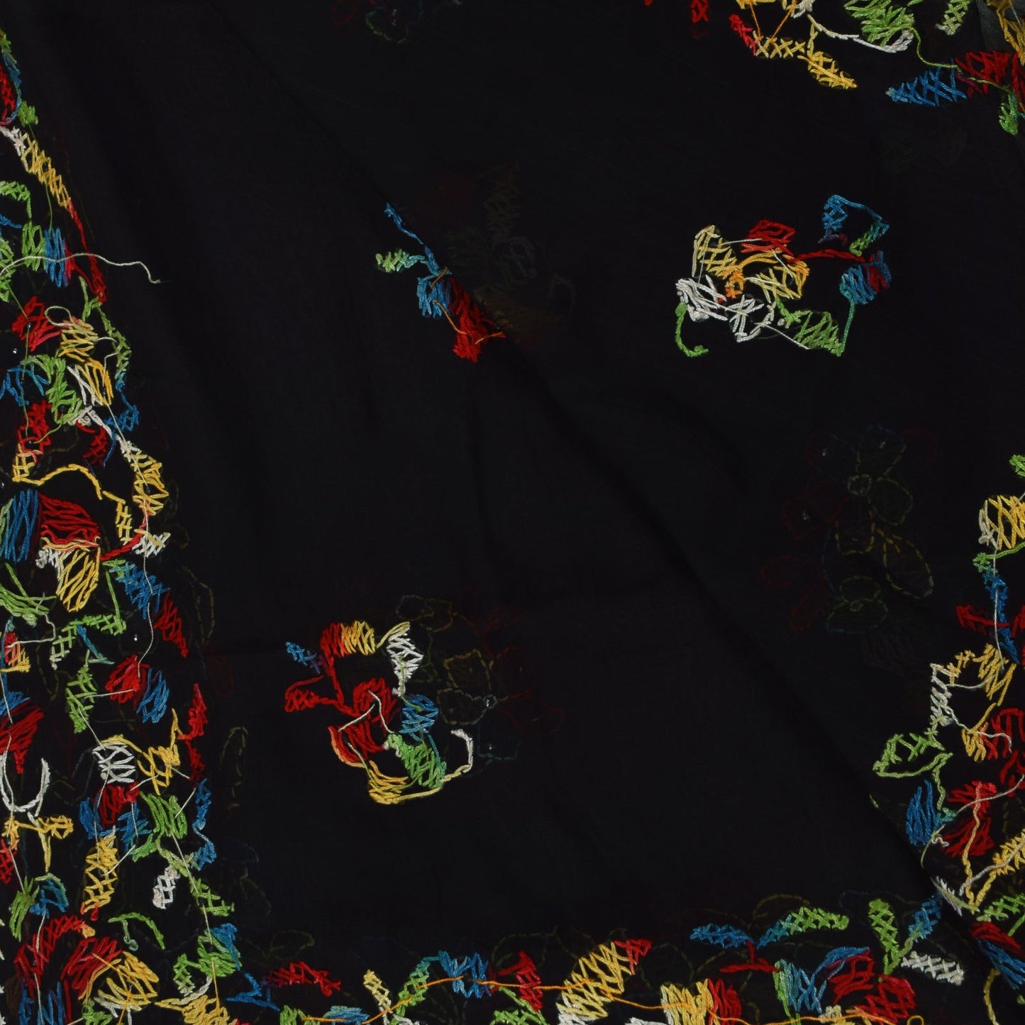 Sanskriti Vintage Black Pure Georgette Silk Dupatta Hand Embroidery Kantha Stole