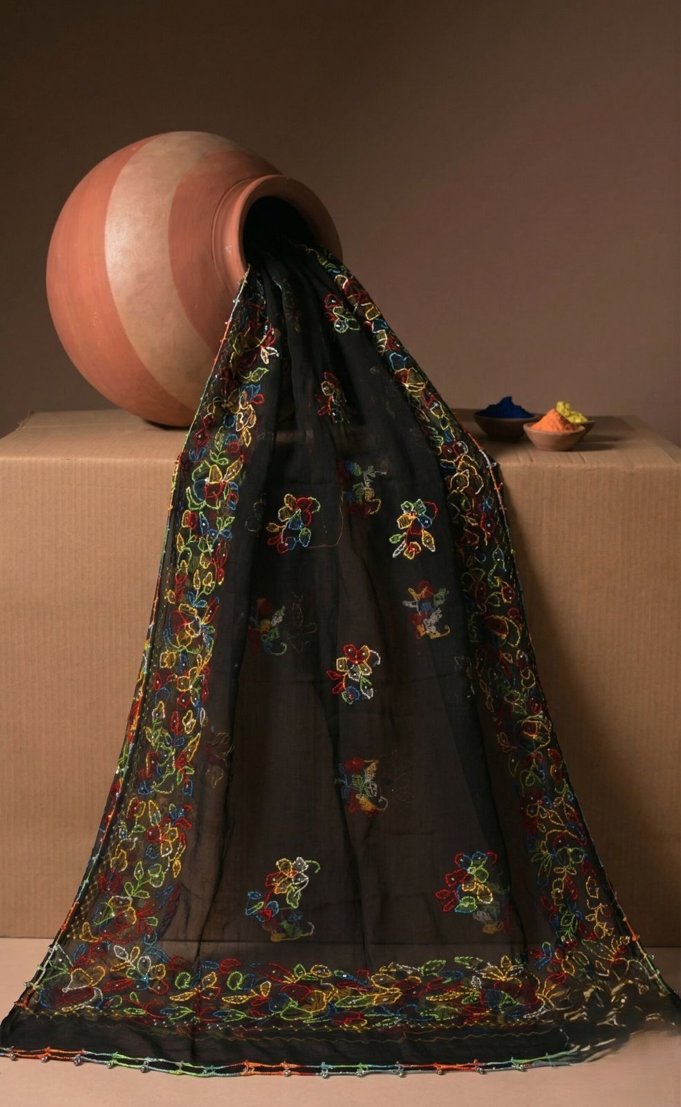 Sanskriti Vintage Black Pure Georgette Silk Dupatta Hand Embroidery Kantha Stole