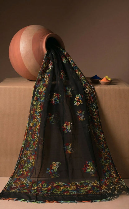 Sanskriti Vintage Black Pure Georgette Silk Dupatta Hand Embroidery Kantha Stole