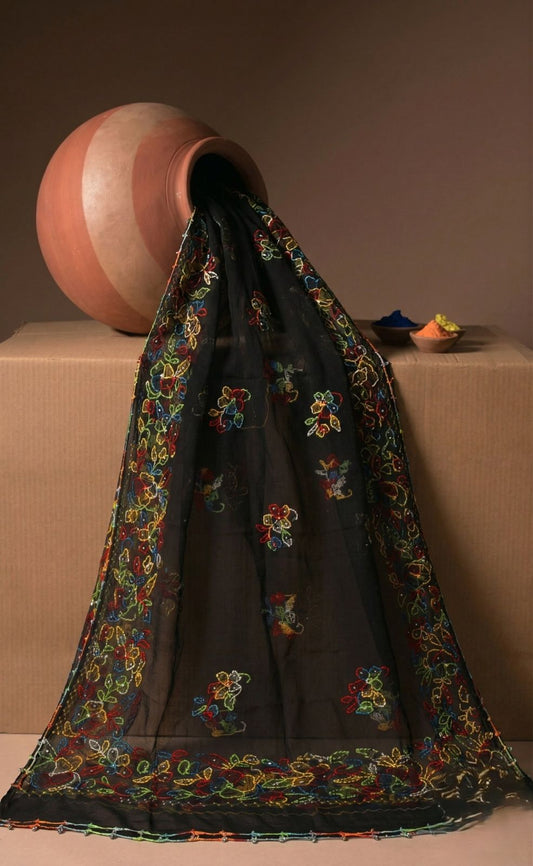 Sanskriti Vintage Black Pure Georgette Silk Dupatta Hand Embroidery Kantha Stole
