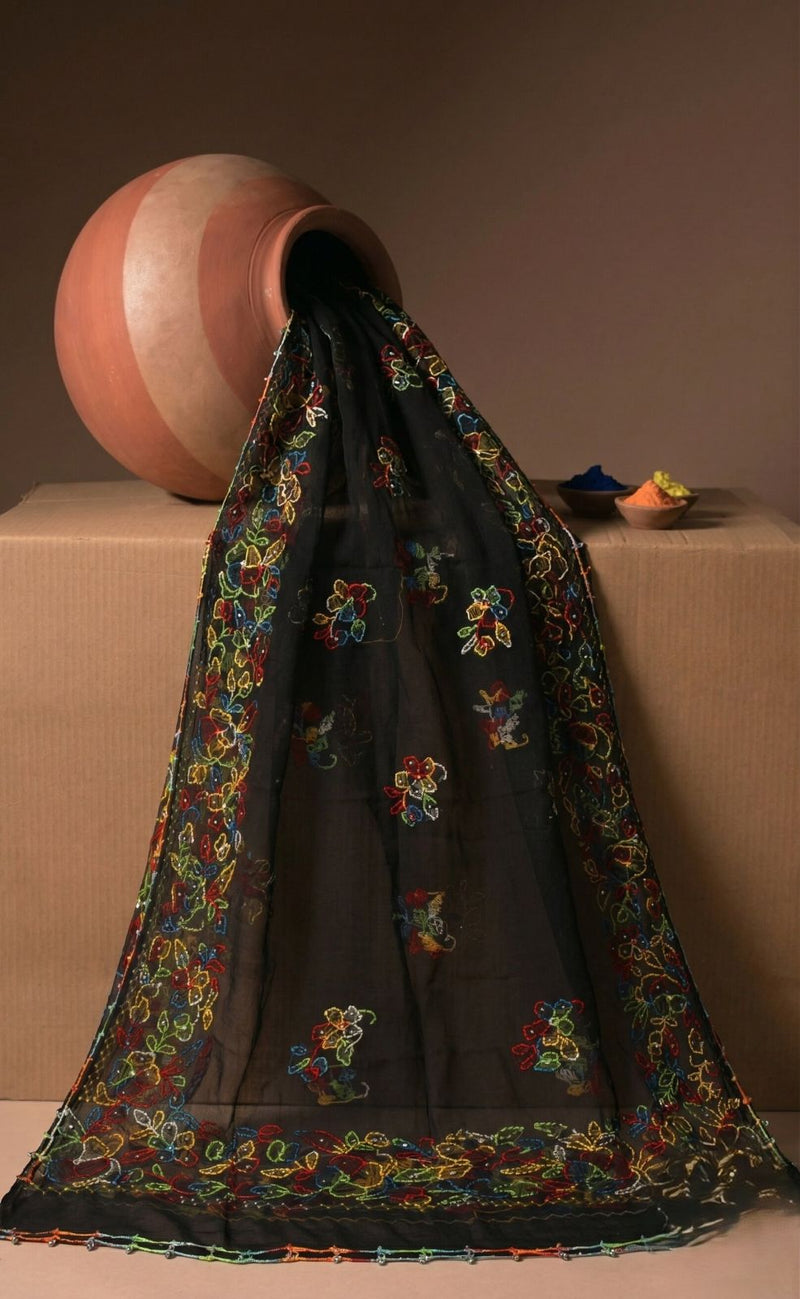 Sanskriti Vintage Black Pure Georgette Silk Dupatta Hand Embroidery Kantha Stole