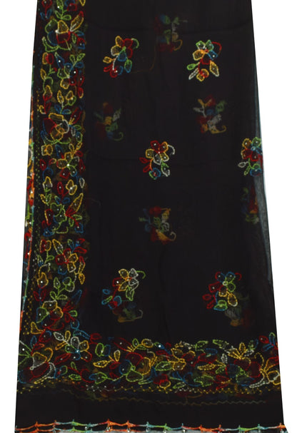 Sanskriti Vintage Black Pure Georgette Silk Dupatta Hand Embroidery Kantha Stole