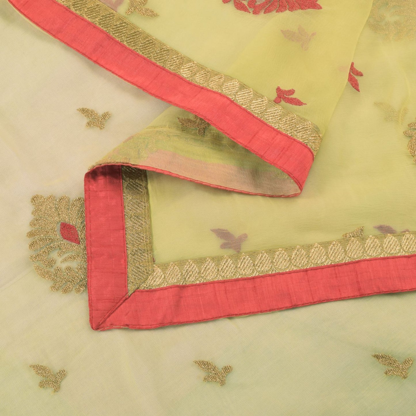 Sanskriti Vintage Yellow Pure Chiffon Silk Dupatta Embroidered Floral Stole Veil