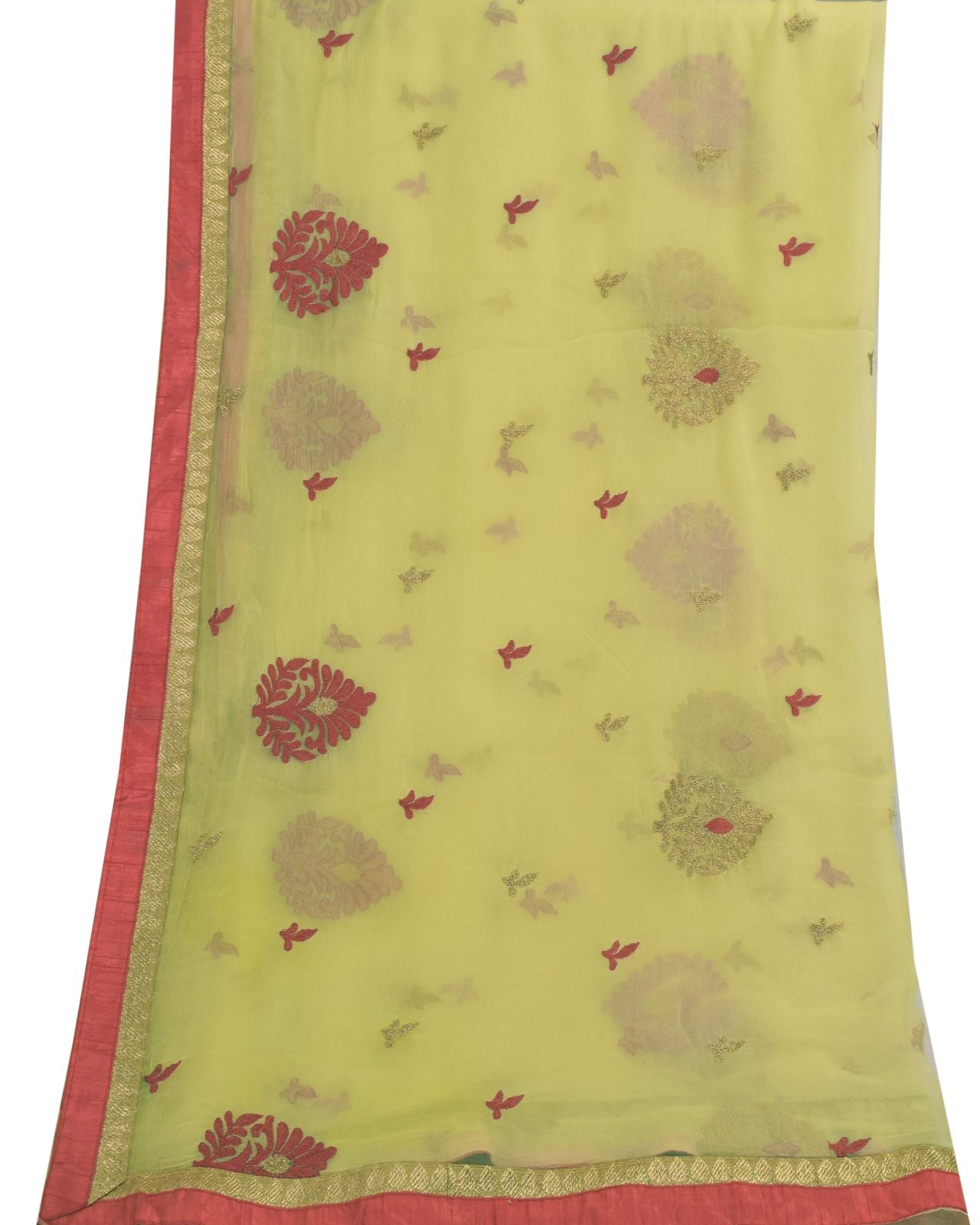 Sanskriti Vintage Yellow Pure Chiffon Silk Dupatta Embroidered Floral Stole Veil