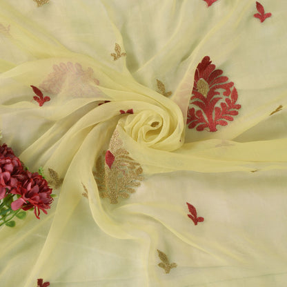 Sanskriti Vintage Yellow Pure Chiffon Silk Dupatta Embroidered Floral Stole Veil