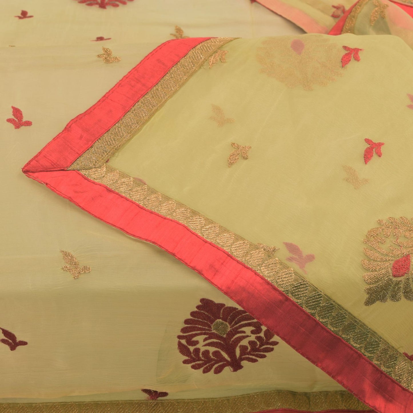 Sanskriti Vintage Yellow Pure Chiffon Silk Dupatta Embroidered Floral Stole Veil