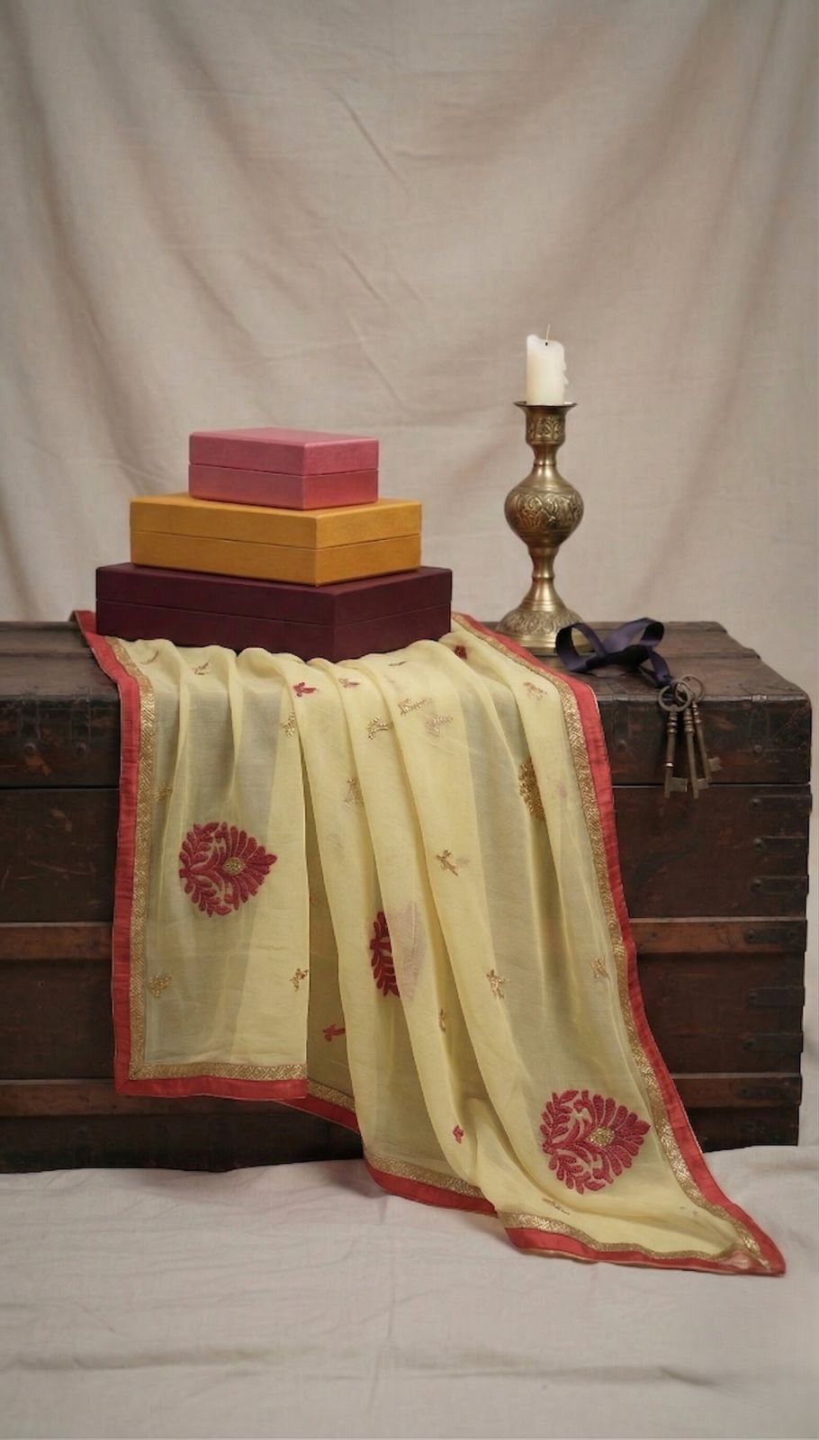 Sanskriti Vintage Yellow Pure Chiffon Silk Dupatta Embroidered Floral Stole Veil
