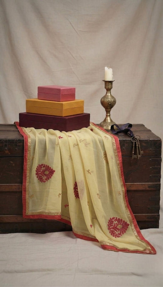 Sanskriti Vintage Yellow Pure Chiffon Silk Dupatta Embroidered Floral Stole Veil