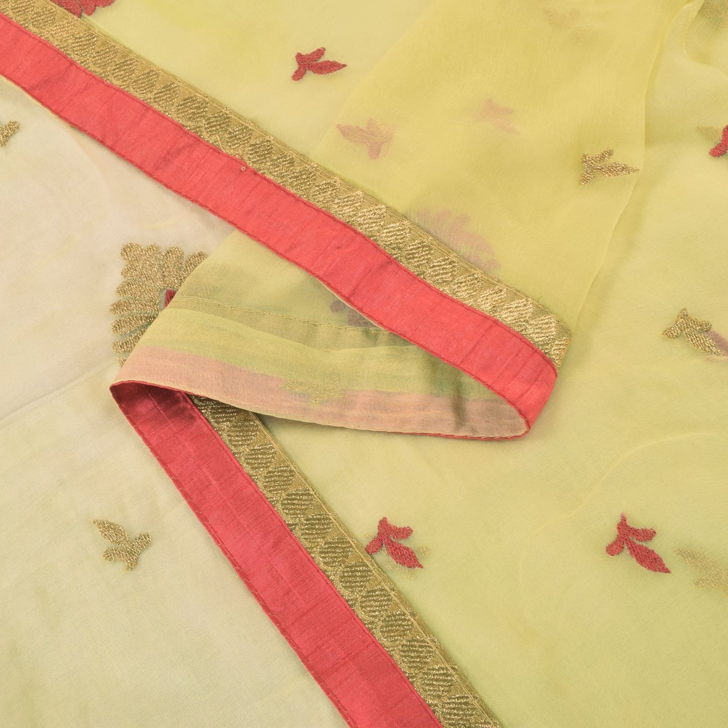 Sanskriti Vintage Yellow Pure Chiffon Silk Dupatta Embroidered Floral Stole Veil