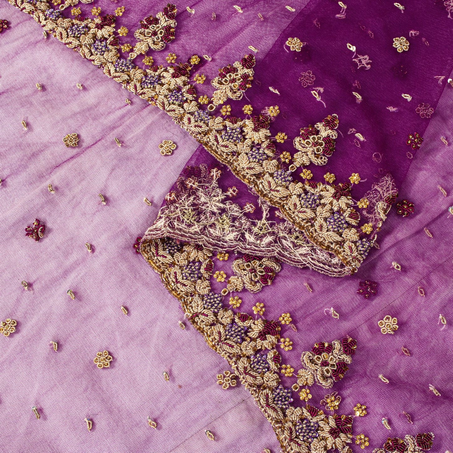 Sanskriti Vintage Purple Net Dupatta Stole Hand Embroidered Zardozi Zari Veil