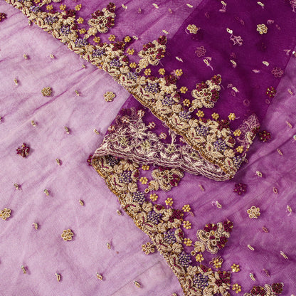 Sanskriti Vintage Purple Net Dupatta Stole Hand Embroidered Zardozi Zari Veil