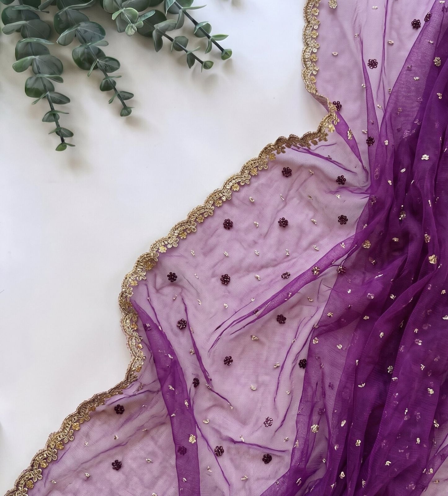 Sanskriti Vintage Purple Net Dupatta Stole Hand Embroidered Zardozi Zari Veil