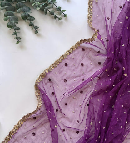 Sanskriti Vintage Purple Net Dupatta Stole Hand Embroidered Zardozi Zari Veil