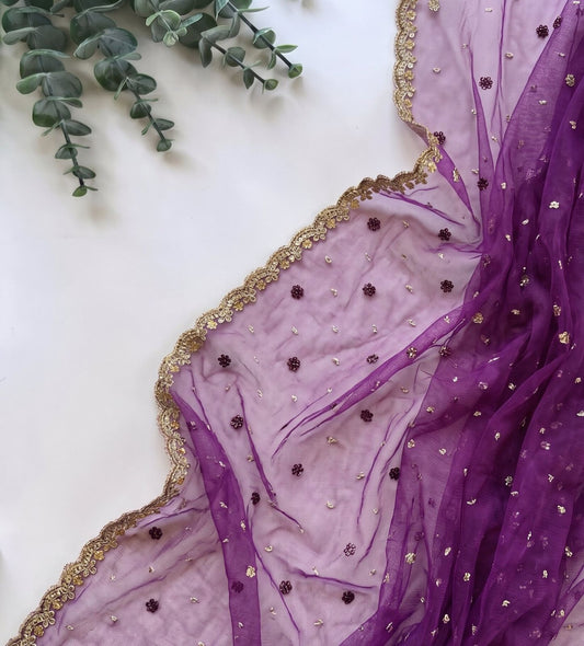 Sanskriti Vintage Purple Net Dupatta Stole Hand Embroidered Zardozi Zari Veil