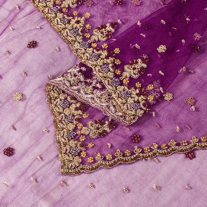 Sanskriti Vintage Purple Net Dupatta Stole Hand Embroidered Zardozi Zari Veil