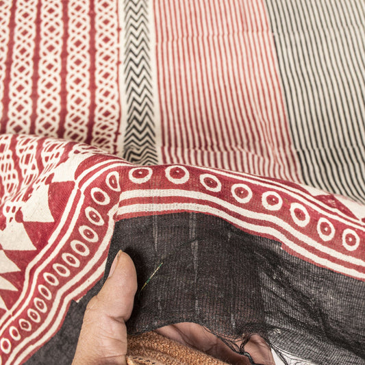 Sanskriti Vintage Red-Black Dupatta Stole Geometric Hand Block Printed Veil